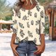 thumbnail image 2 of 3/4 Manga Casual Tops para las Mujeres Impreso Botón Camiseta Cómoda Y Suelta, Blusa de Cuello Redondo para Diario, 2 of 9
