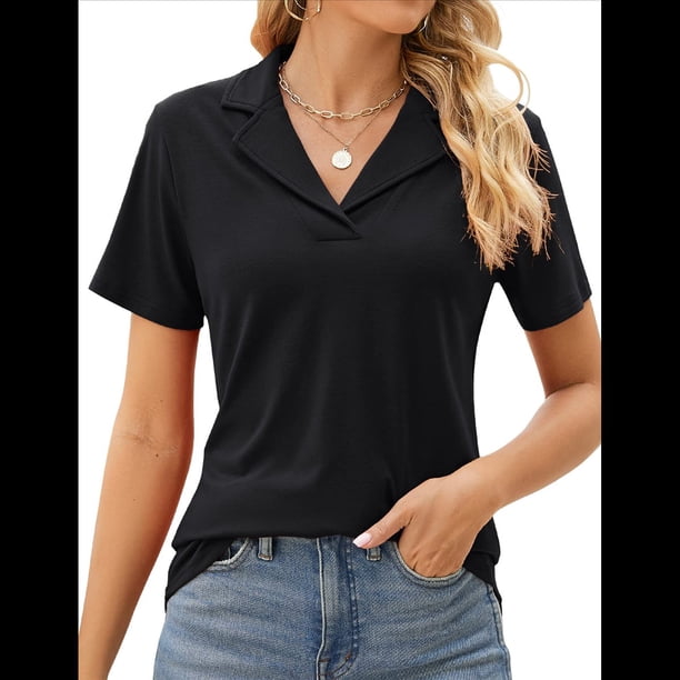 Camisas de Mujer con Cuello de Solapa, Cuello en V, Blusa de Corta, Blusa Informal Elegante. Negro M