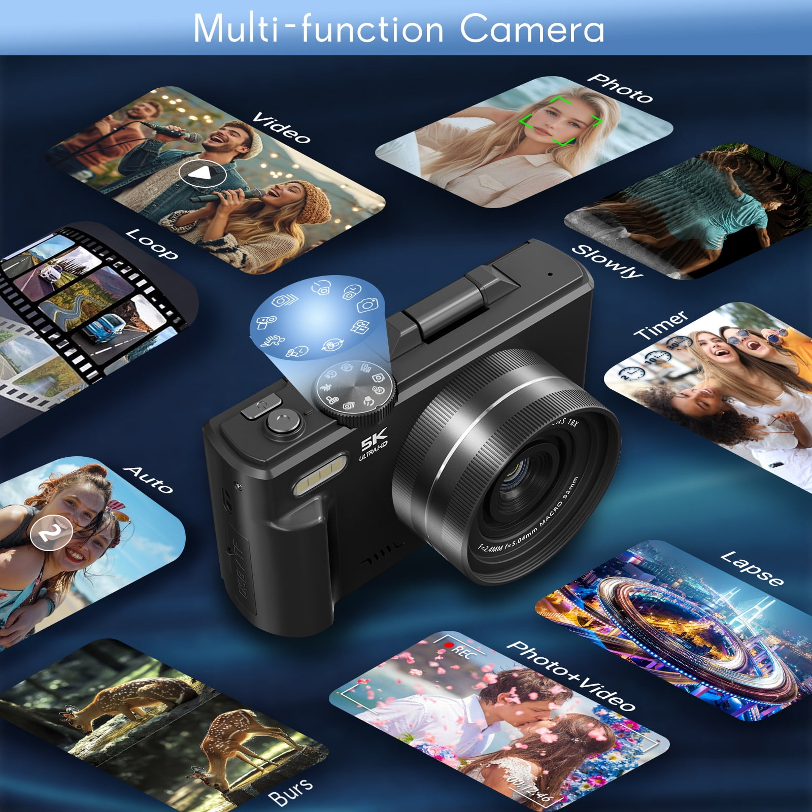 XLURC 5K Digital Camera for Photography with Wifi, 75MP Vlogging Camera for YouTube with 3" 180° Flip Screen, 18X Digital Zoom Photography Camera with 32GB Micro SD Card & 2 Batteries