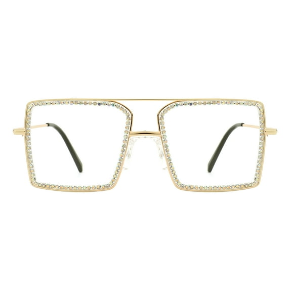 Women's Clear Lens Glasses Square Metal Rhinestones Blue Light Filter Gold Clear