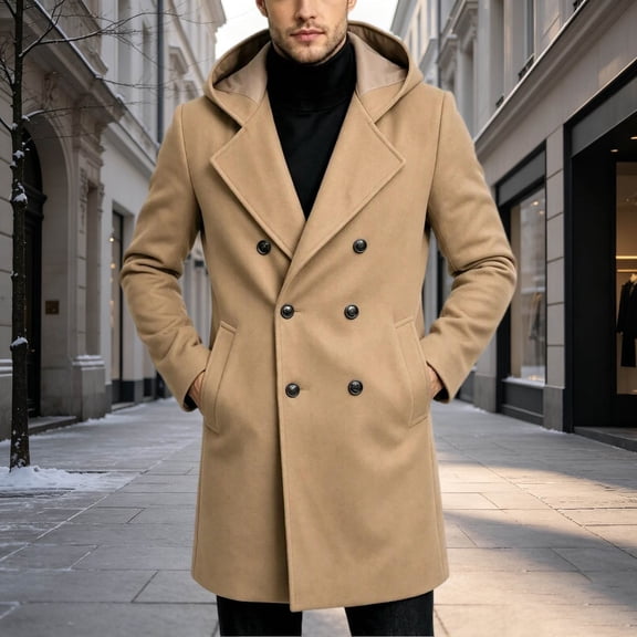 Trikvn Men Peacoat Wool Winter Trendy Tweed Long Hooded Double Breasted Overcoat Warm Vintage Outerwear with Pockets Thermal