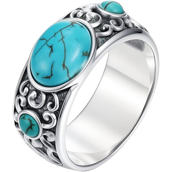 Real Turquoise Rings 925 Sterling Silver 3 Stone Wide Turquoise Gemstone Ring Jewelry Gifts for Women Size 5 to 11