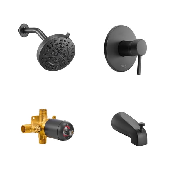 Tub and Shower Faucet Set Matte Black, 5-Inch Rainfall Shower Head, 8-Spray Settings, Single Handle Tub Spout & Brass Valve, Bathroom Faucet Combo