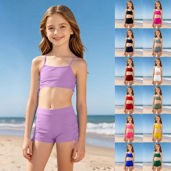 Toddler Swimsuit Girl Size 5-6Y Solid Color Kids Lightweight Two Piece Swimsuit with Boyshorts Bathing Suits for Girls