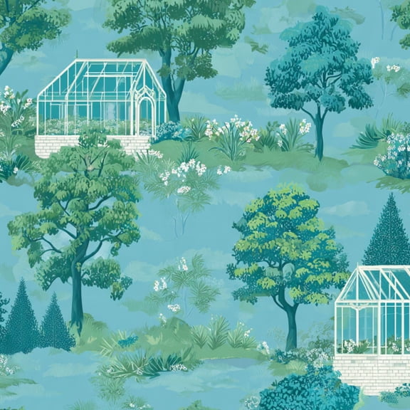 Garden Peel and Stick Wallpaper 23.6in x 9.8ft Illustrated Greenhouse Landscape Tree Plants Soft Blue Contact Paper Vinyl Waterproof Self Adhesive Wall Paper for Bedroom Shelf Cabinet Renter Friendly