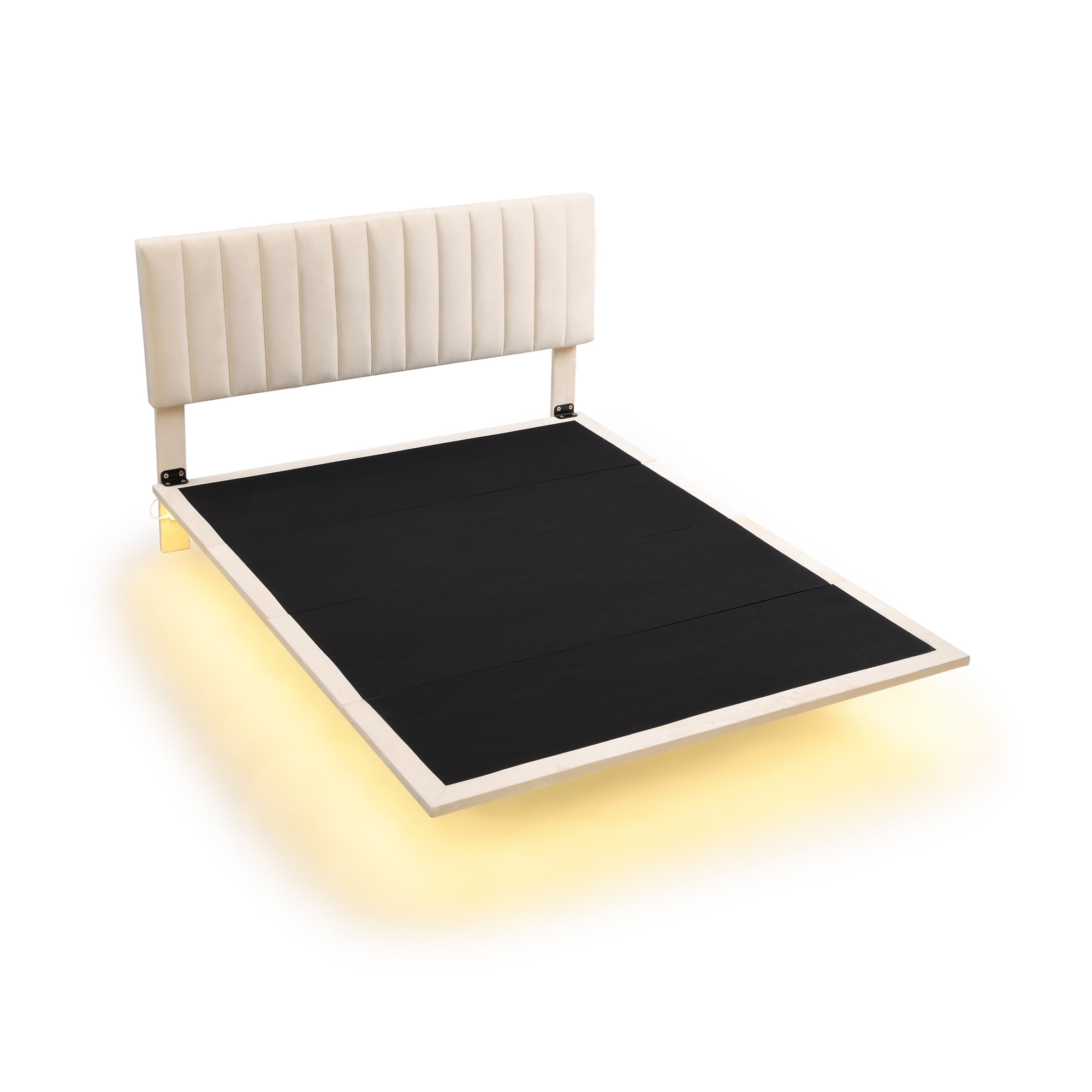 Gewnee Queen Size Floating Upholstered Platform Bed with Sensor Light ,Beige