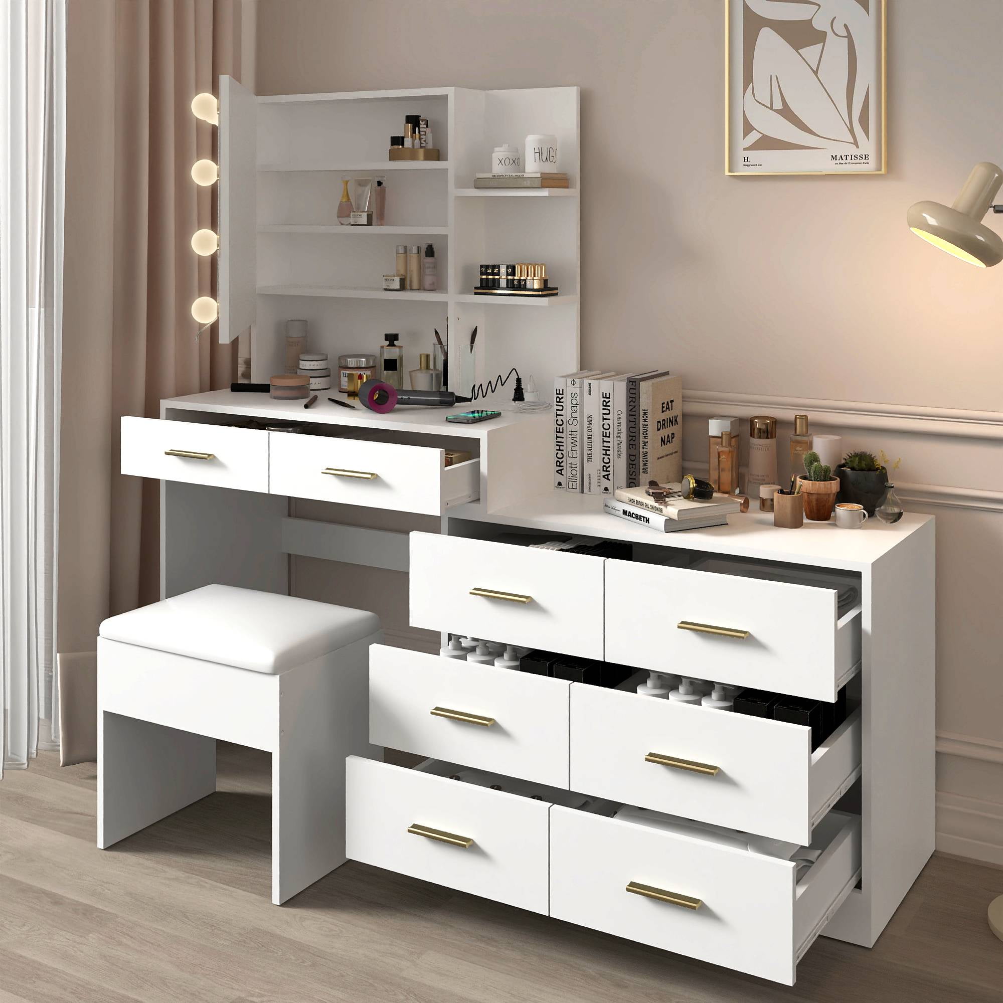 Ktaxon Makeup Vanity with 8 Drawers&Charging Station, Vanity Desk with 3 Color Light, Vanity Table Set w/ Drawer Dresser, White