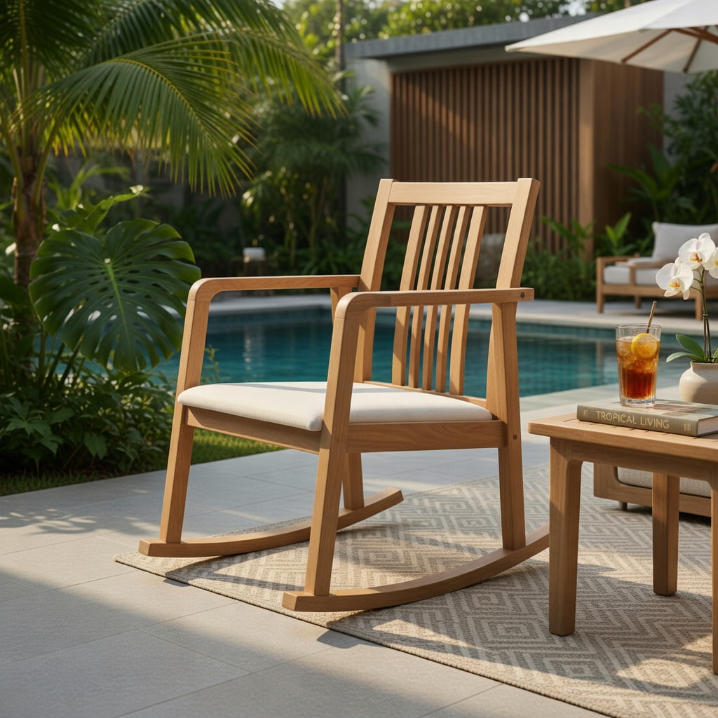 Hommoo Rubber Wood Rocking Chair with Slatted Back, Curved Armrests & Linen Upholstery, Ergonomic Indoor/Outdoor Relaxation Chair, Natural