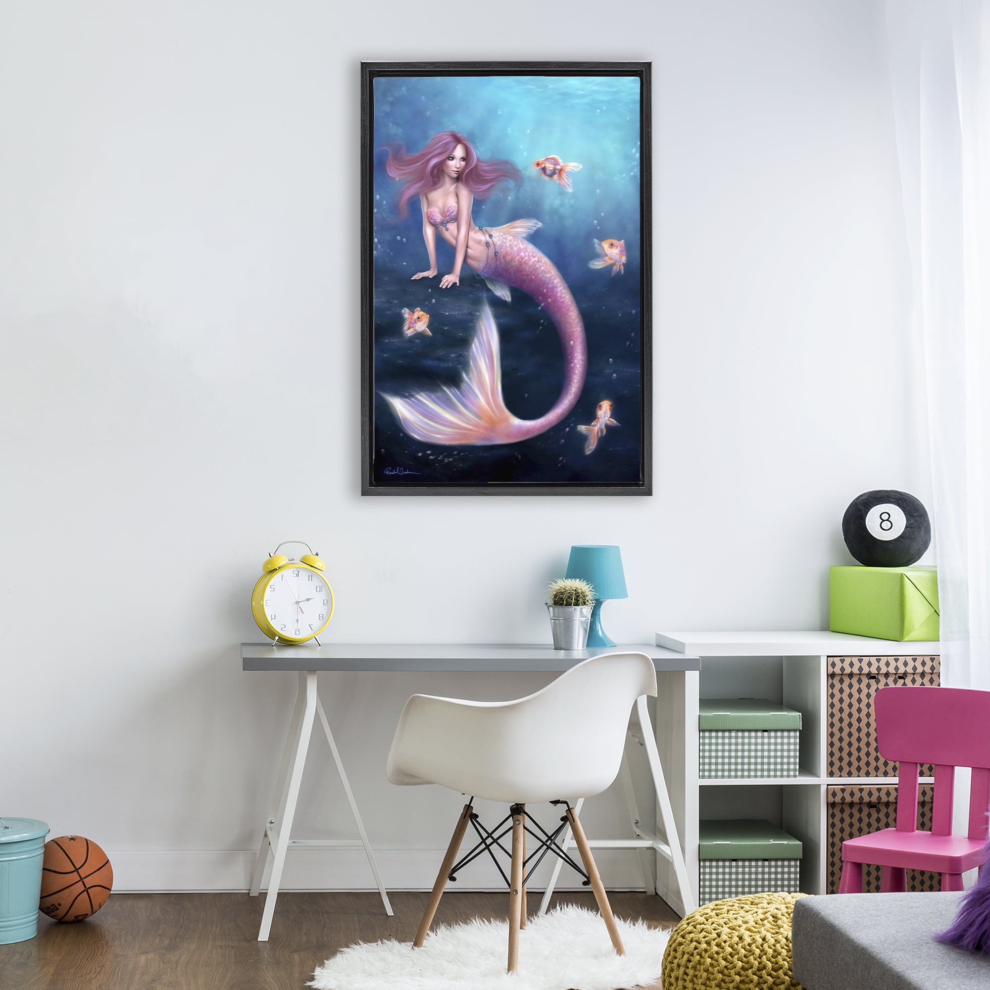 Aurelia Mermaid & Fish Black Framed Floater Canvas Wall Art, design by Rachel Anderson