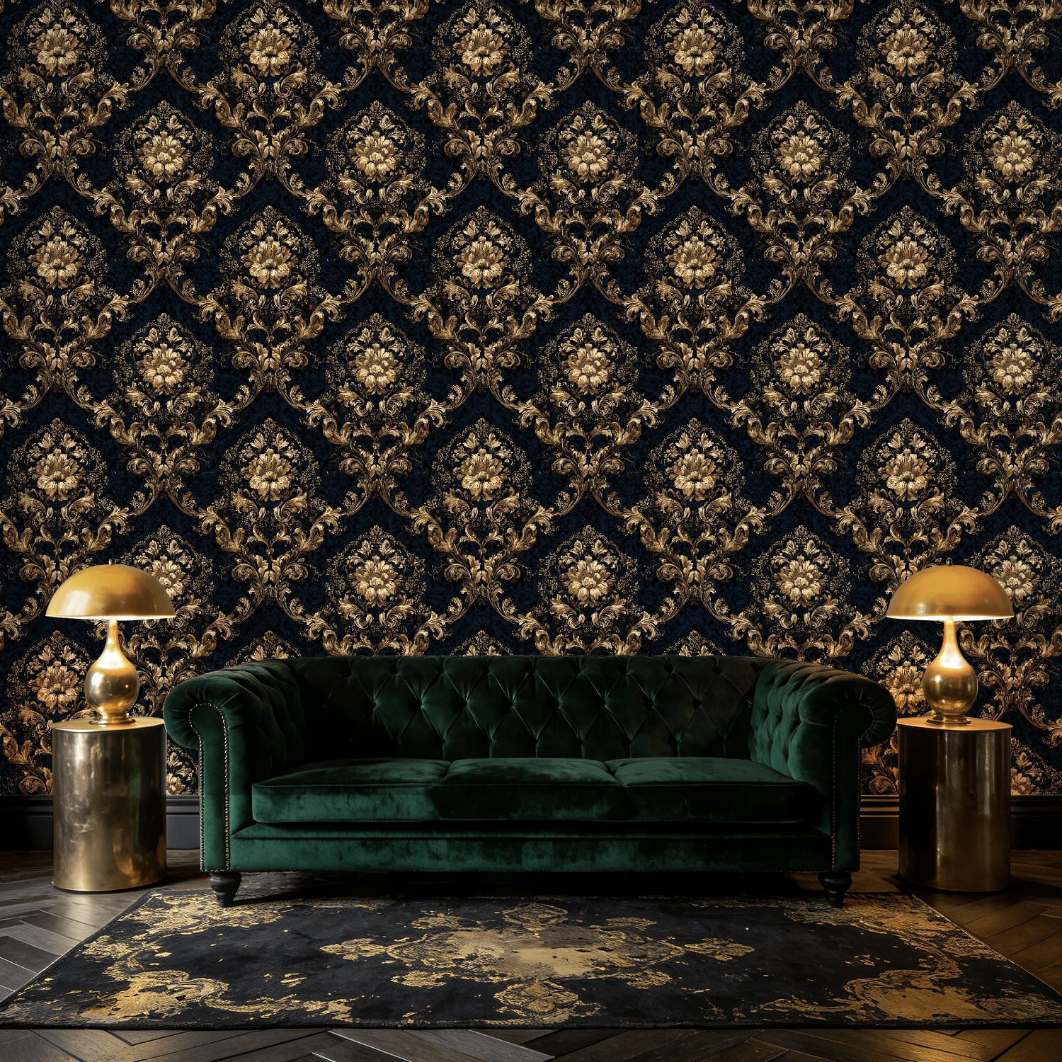 Baroque Peel and Stick Wallpaper Luxurious Navy Damask Rich Baroque Gold Wall Mural 17.7in x 9.8ft Self Adhesive Removable Wall Paper Renter Friendly Wallpaper for Bedroom Livingroom Men