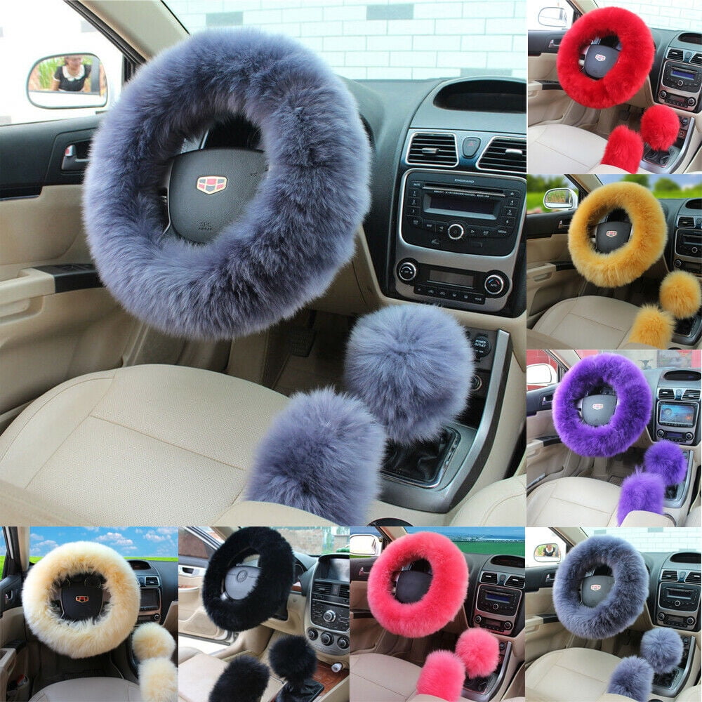 Ranxizy Cozy Australia Pure Wool Steering Wheel Cover with Fuzzy Handbrake Cover and Gear Shift Cover for Women/Girls/Ladies,Universal Fit,1 Set 3 Pcs Yellow