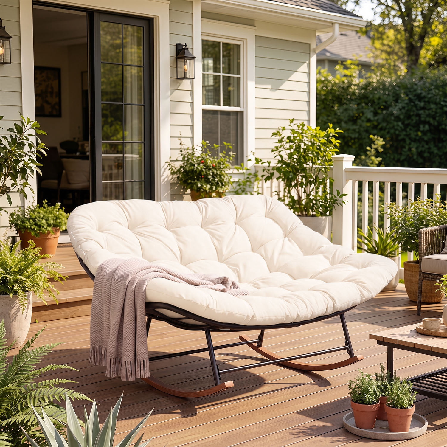 BaPiPro Oversized Double Papasan Rocking Chair with Thick Cushion, 2 Person Outdoor Rocking Loveseat, Heavy Duty Double Egg Chair with Wood Grain Base for Patio Porch, 440lbs Capacity, Off-White