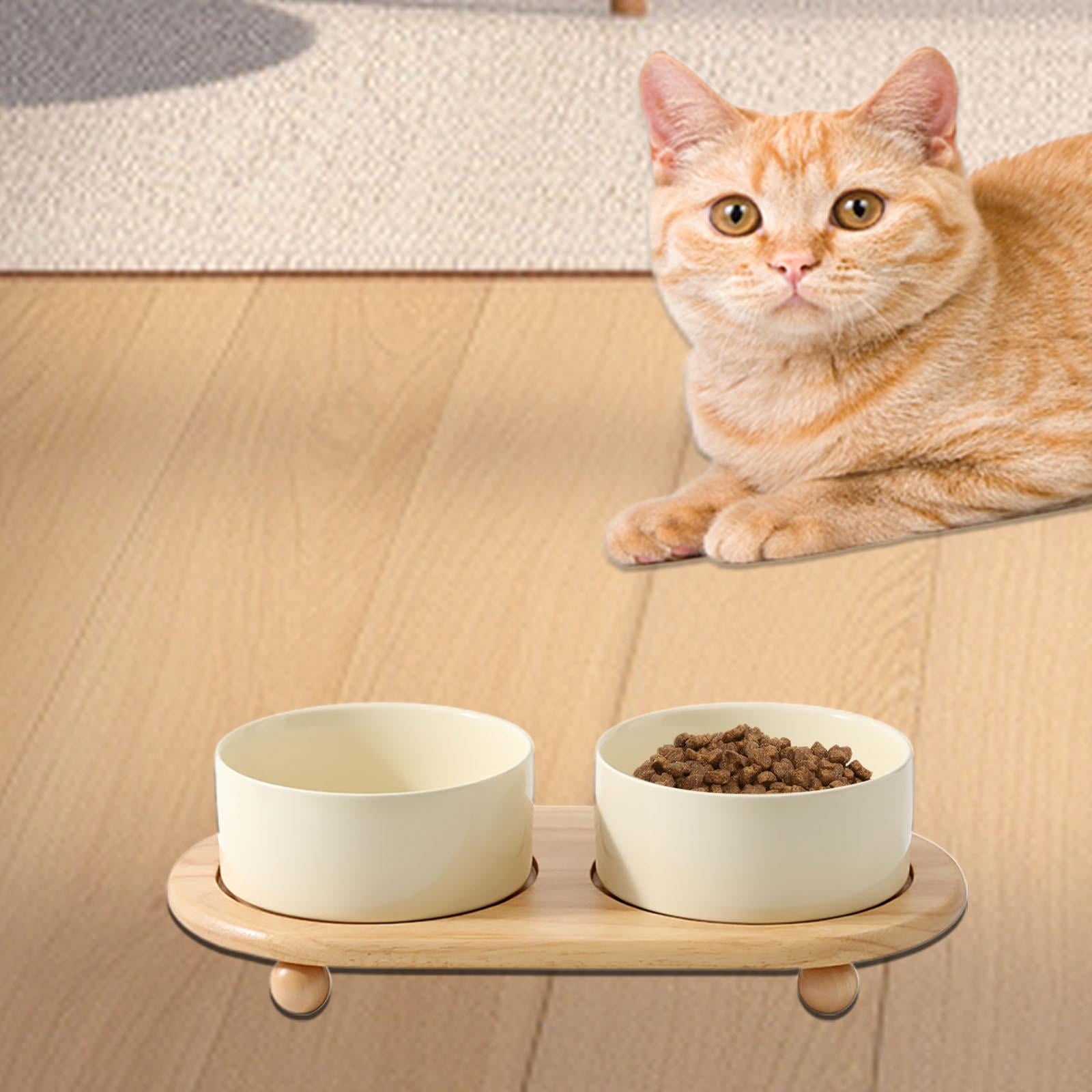 Bvdfgk Cat Dishes Protect Cat's Spine with Wooden Stand Ceramic Stoneware Pet Bowl for beige