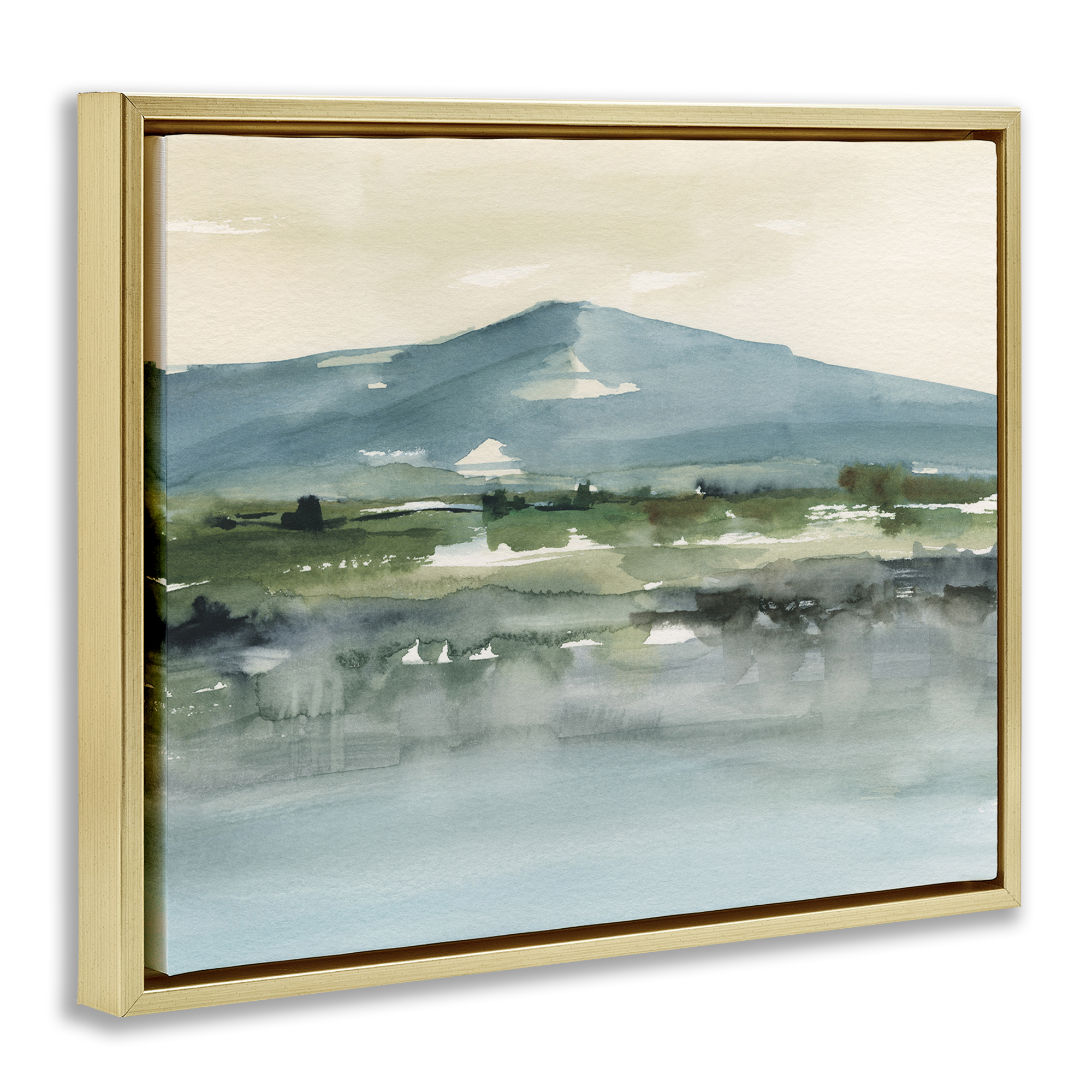 Stupell Industries Blue Mountain Watercolor Landscape & Nature Painting Gold Floater Framed Canvas Art Print Wall Art, 31 x 25