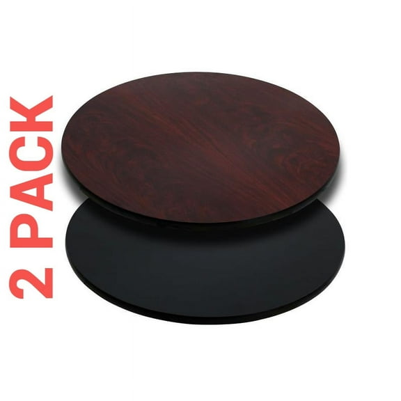 2 PACK 24'' Round Restaurant Table Top with Black or Mahogany Reversible Laminate Top