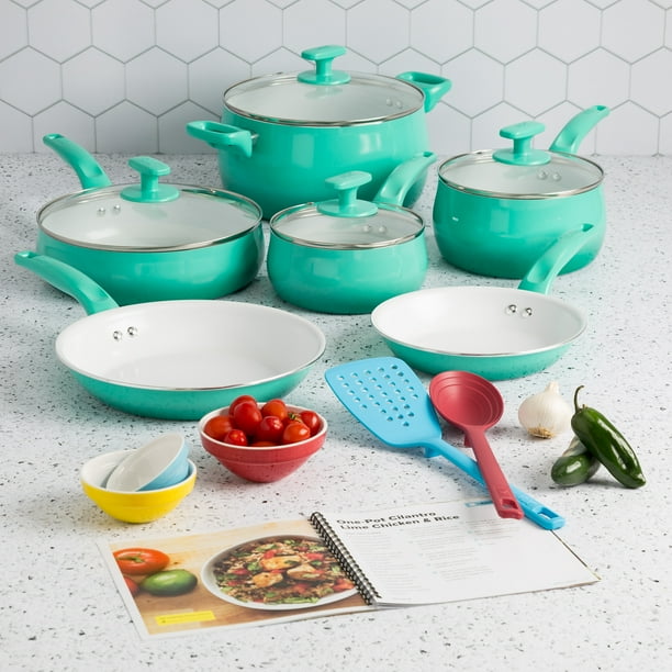 Tasty Ceramic TitaniumReinforced Cookware Set, Ombre Green, 16 Piece