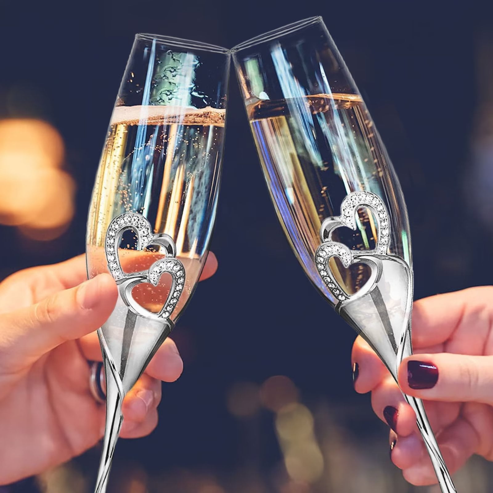 Glasseam Wedding Champagne Flutes Set of 2 Silver Toasting Glasses for Bride and Groom