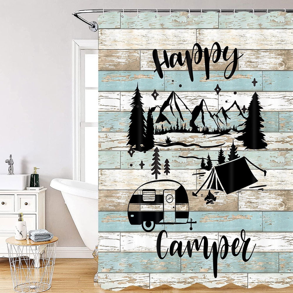 Camper RV Shower Curtain for Travel Trailers Bathroom, Retro Rustic
