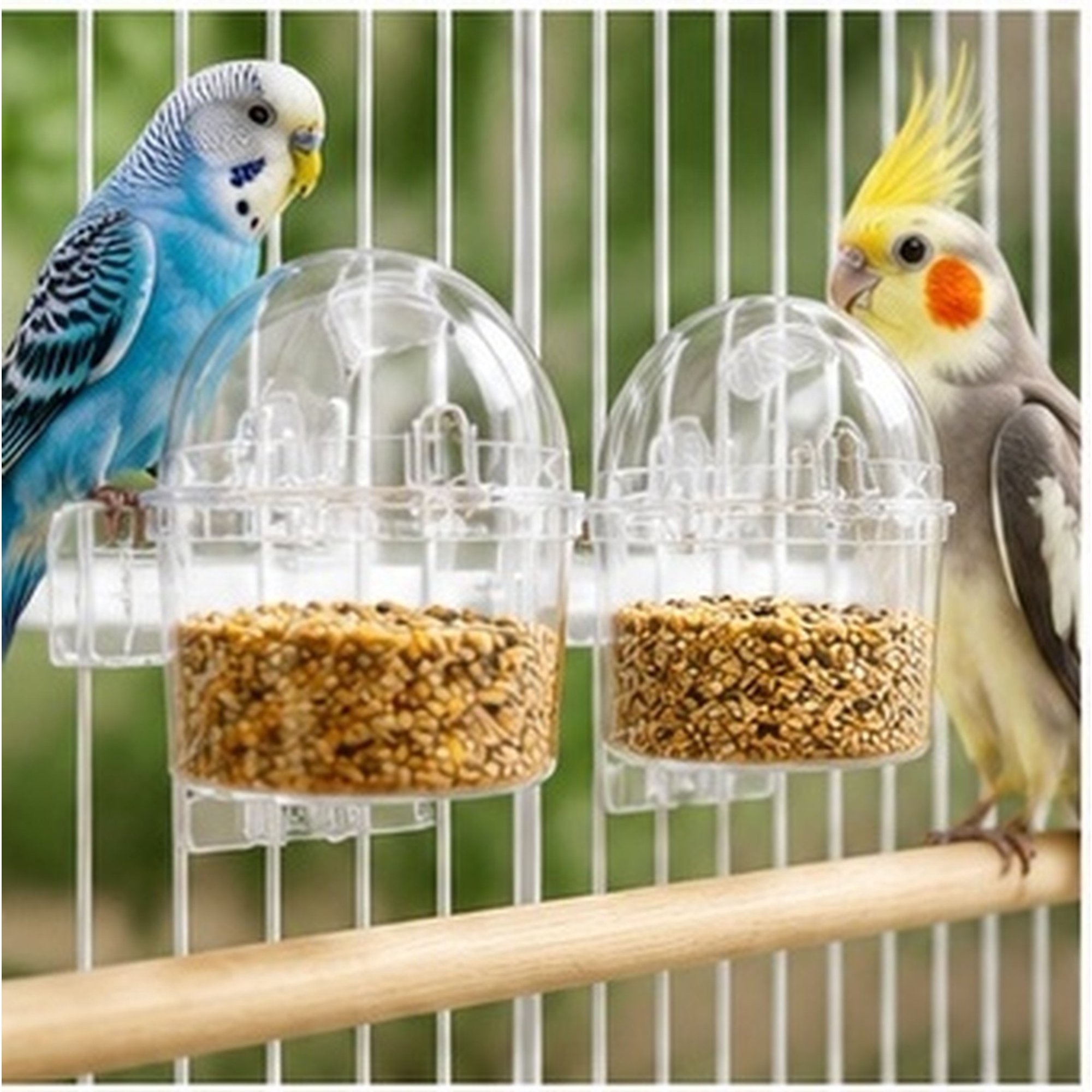 TAILTOSS 2Pcs Clear Acrylic Bird Feeder with Space Saving Design for Indoor Bird Cage Year Round Feeding