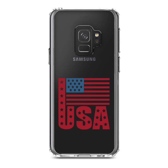 DistinctInk Clear Shockproof Hybrid Case for Samsung Galaxy S9 (5.8" Screen) - TPU Bumper Acrylic Back Tempered Glass Screen Protector - USA Flag Banner Red White & Blue