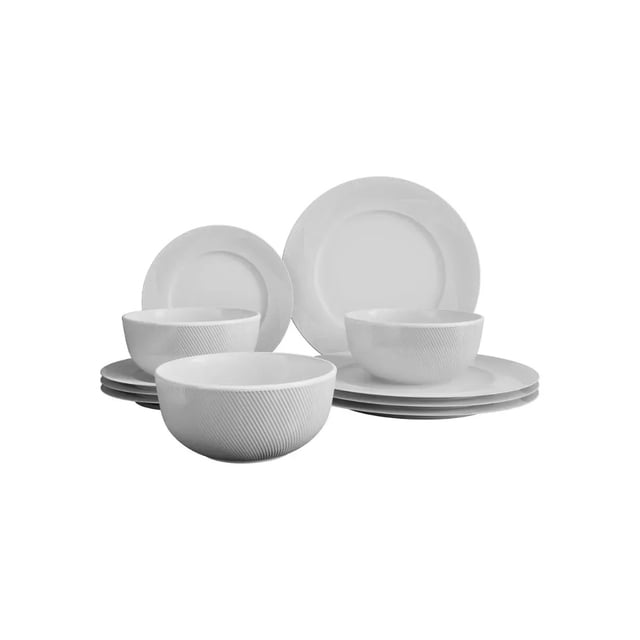 Vajilla de Porcelana de Hueso de 12 Piezas, Rhythmlight para 4 Personas, Blanco