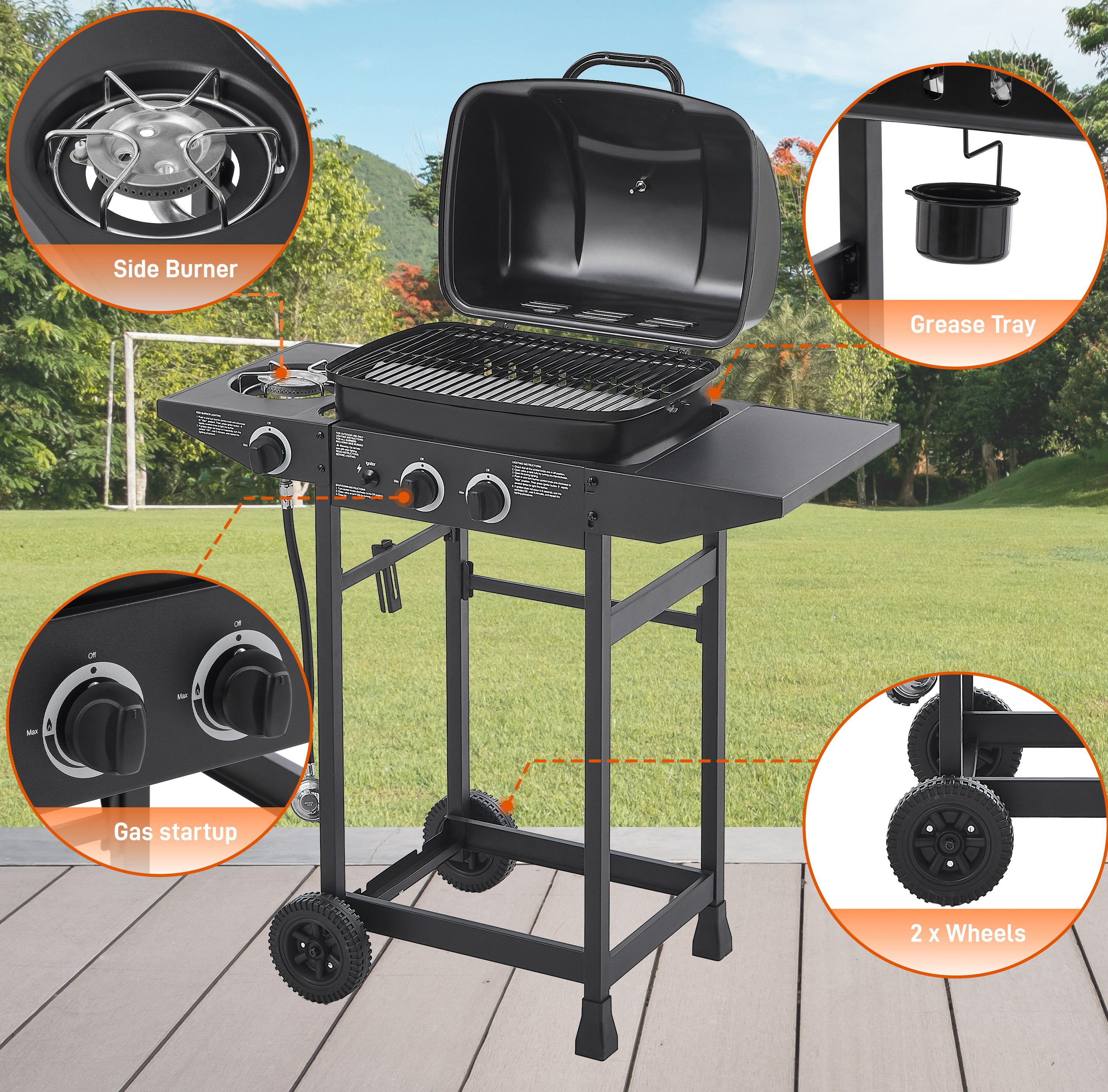 Urday 2-Burner Propane Gas Grill with Side Burner, 24,000 BTU Stainless Steel Barbecue Grill, Outdoor BBQ Grill with Enameled Cast Iron Grates & Side Tables for Patio & Backyard, Silver