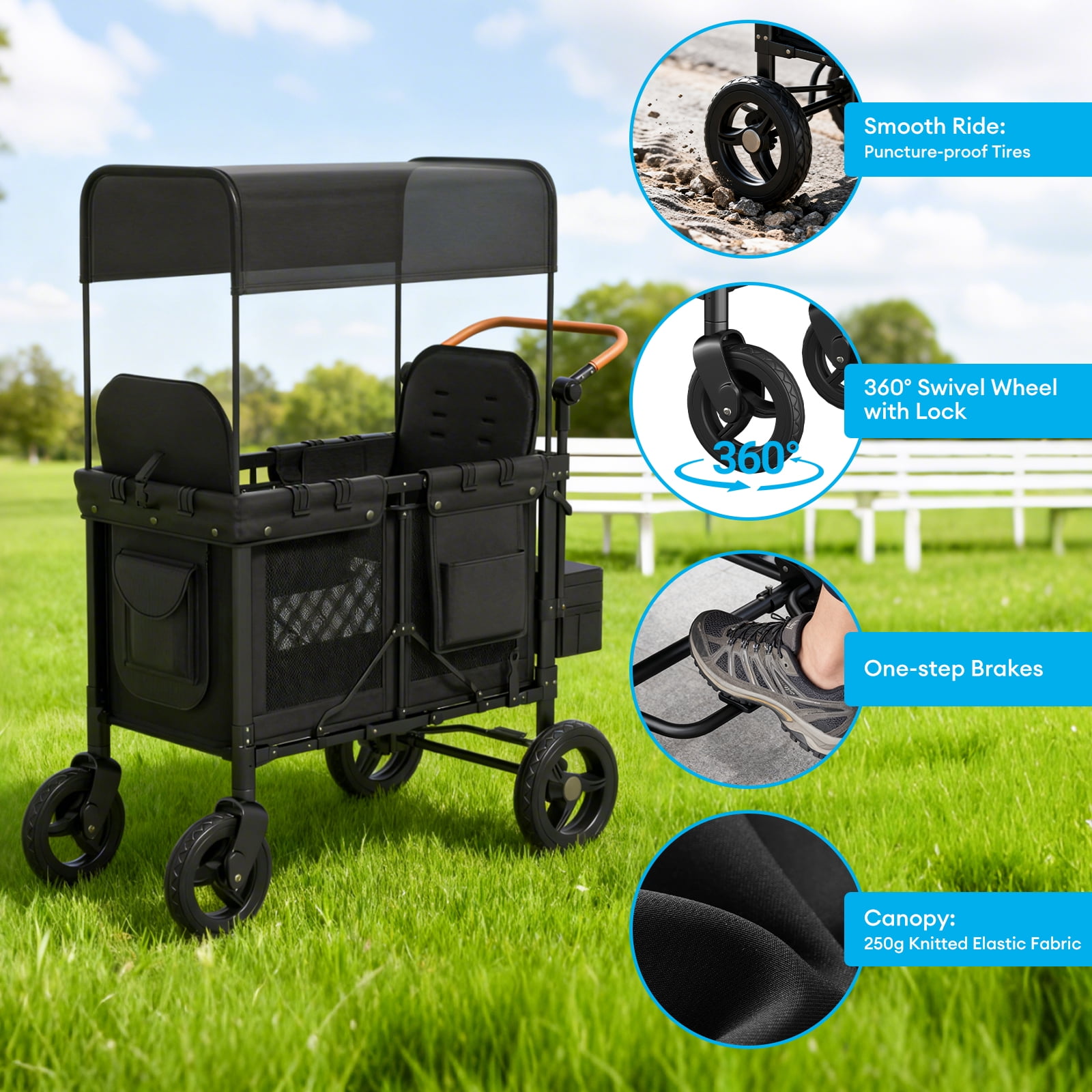 TABU Stroller Wagon for 2 Kids,2 Seater Stroller Wagon with Adjustable Handles,5-Point Harnesses,Black