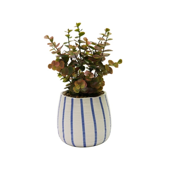 Nature's Mark 11’’H Artificial Red Eucalyptus Plant in White and Blue Striped Ceramic Pot