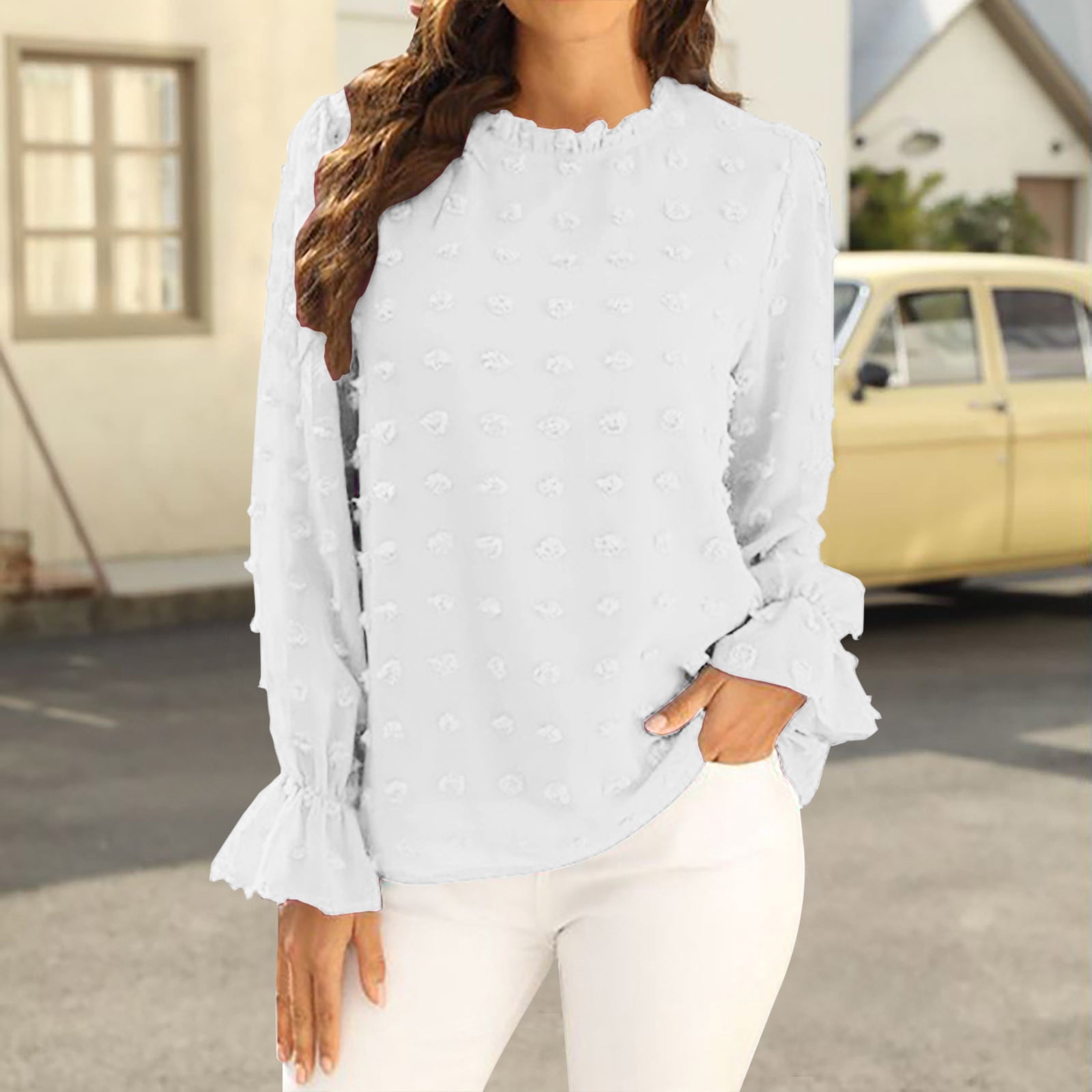 OKBOP White Tunic Tops for Women,Chiffon Long Sleeve Round-Neck Ruffled  Collar Solid Loose Shirt Dressy Blouses for Women Sweatshirt Dress Women -  Walmart.com