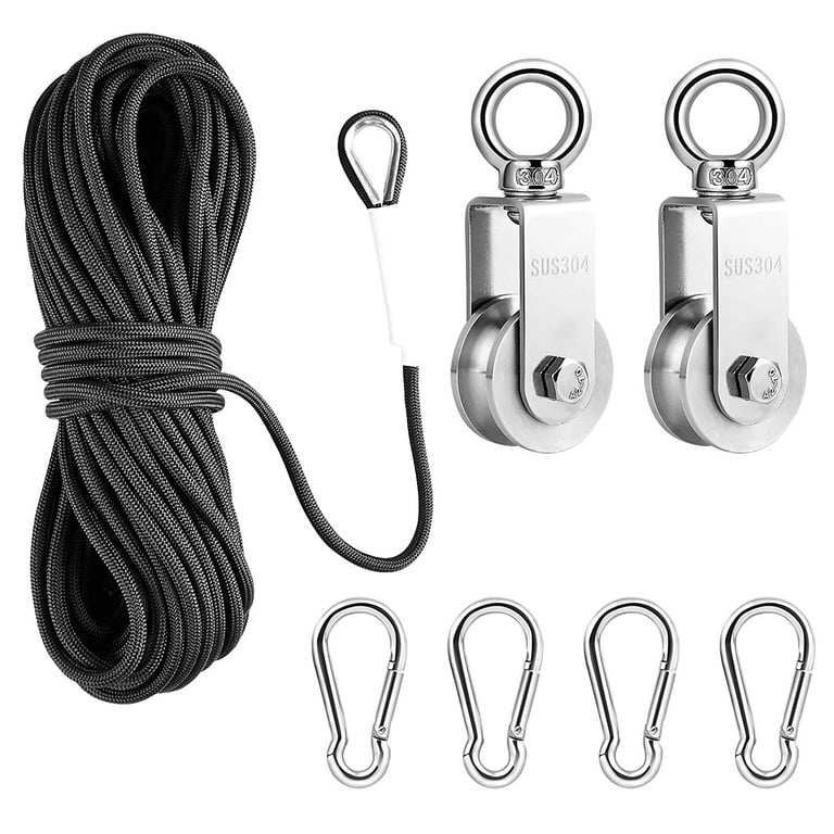 Pulley System for Lifting with Rope and Hooks，2pcs Stainless Steel 34MM U  Type Wheel Heavy Duty Pulleys，1/4 Nylon Rope 66ft，4pcs Carabiner