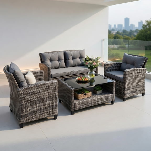 Resenkos 4 Pieces Outdoor Rattan Furniture Set, Wicker Furniture Sets, Patio Conversation Sets with Glass Table