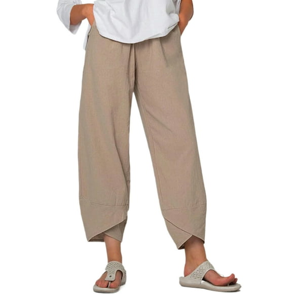 xiaxaixu Pantalon Ample Décontracté pour Femmes Grande Taille Jambes Larges Taille Élastique Capri Harem Pantalon Hippie Solide Pantalon de Détente avec Poches S-5TG