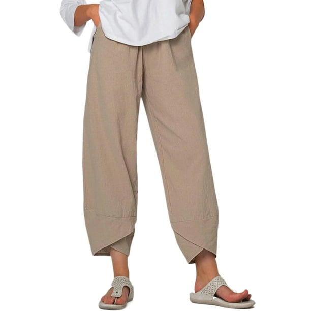 Musuos Women Casual Wide Leg Pants Cotton Linen Capri Cropped Baggy ...