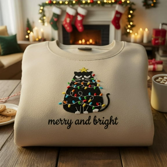 Christmas Cat Embroidered Sweatshirt: Holiday Lights Black Cat