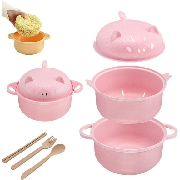 Ramen Bowl Set Microwave Safe with Chopsticks,Cute Pig Ramen Cooker Microwave Bowl with Strainer Lid Handle Spoon Chopsticks Fork (Pink)（X）