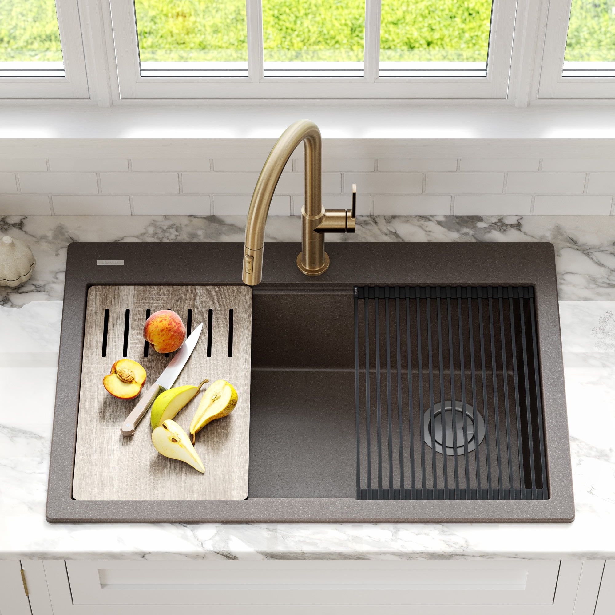 Kraus Bellucci Workstation 33 inch Drop-In Granite Composite Single Bowl Kitchen Sink in Metallic Brown with Accessories