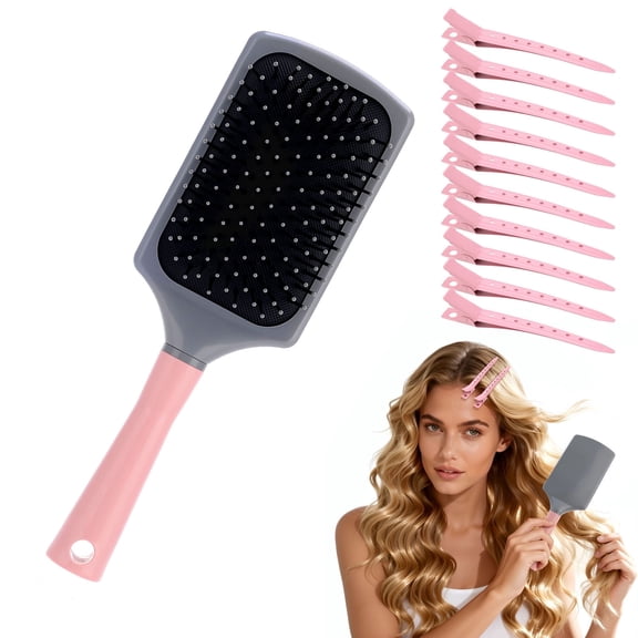 Abaima Paddle Cushion Hair Brush Set with 10 Shaping clips, Hair Brush with Cushion Base for Men and Women, Large Detangling Comb Curly or Straight Styles, Make Hair Health and Massage Scalp