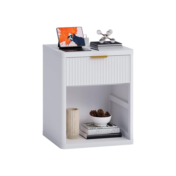 Fluted Nightstand with Charging Station, 3-in-1 Bedside Table with Drawer & Open Shelf, Mid-Century Modern End Table for Bedroom, Living Room