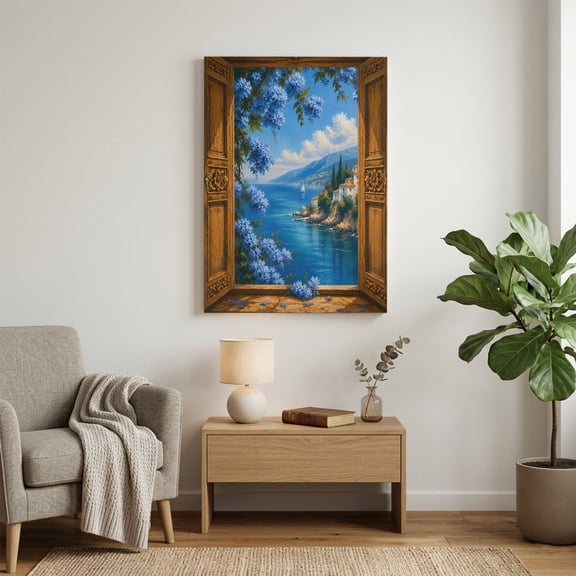 Canvas Wall Art Blue Coastal Canvas Art Print Open Window Blue Flowers Pastoral Coastal Pictures Wall Decor for Living Room Bedroom Artwork Decorations Stretched Framed Ready to Hang 24"x32"