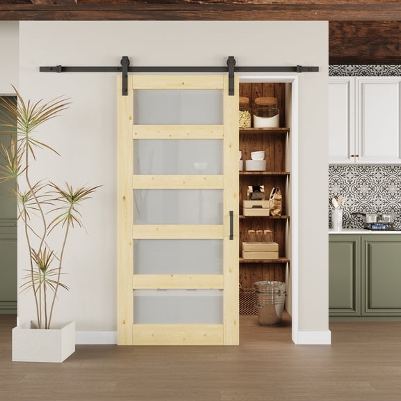 36" x 80" Solid Pine And 5-Lite Frosted Glass Sliding Barn Door With Installation Hardware Kit(No Assembly Required)