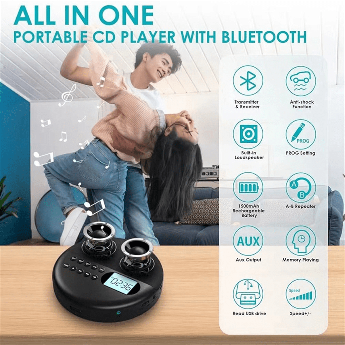 Portable CD Player and MP3 Player with Anti Skip Protection and Dual Stereo Speaker, Adjust Bluetooth Player