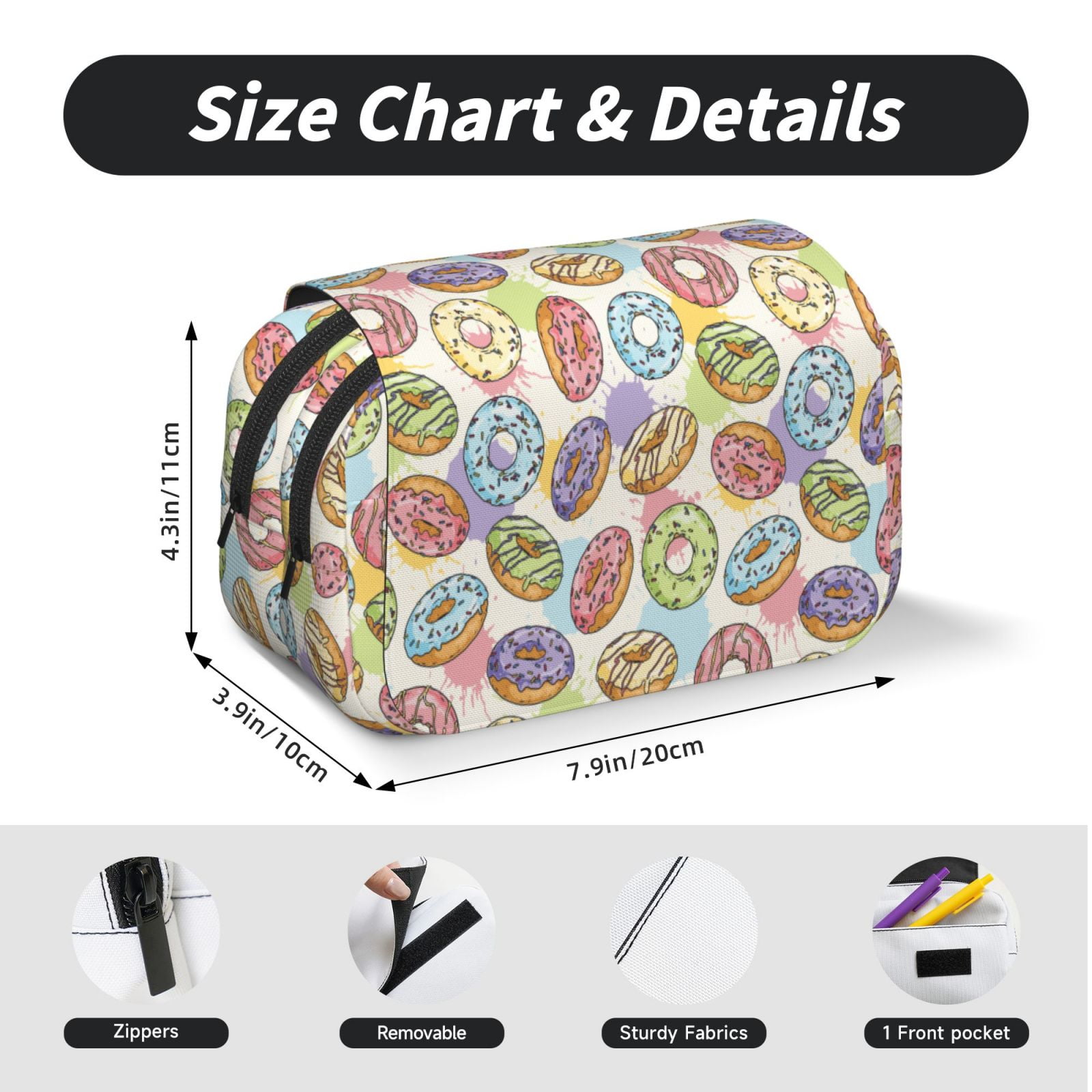 Rateoe Glazed Donuts Pattern Double Clamshell Pen Case, Storage Organizer with Two Zipper Compartments– Holds Up to 50 Pencils & Pens