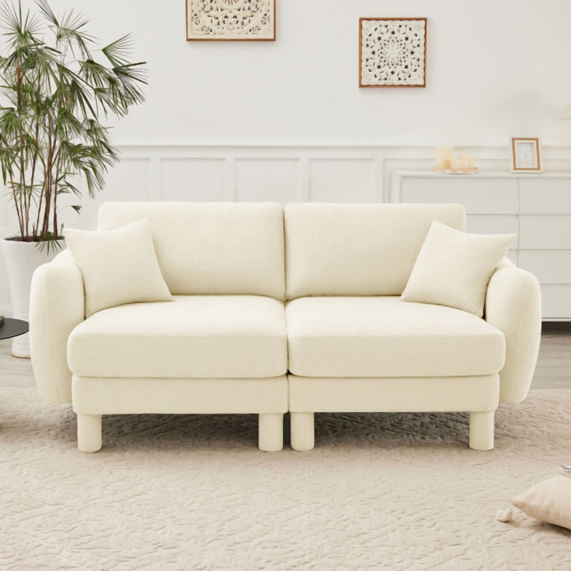 BSHTI Fabric Double Sofa Couch, Safe Comfortable Shell Shaped Armrests and Cylindrical Legs Loveseat for Livingroom,Beige Color