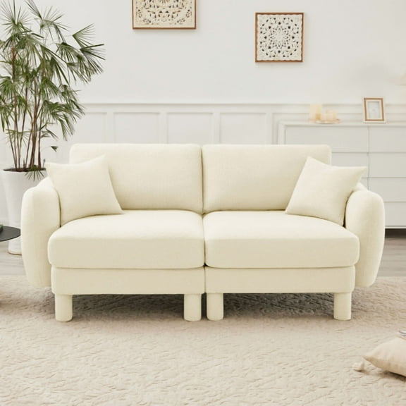 Boucle Fabric Loveseat Sofa, 2-Seater Couch with Shell-Shaped Armrests and Cylindrical Legs, Modern Upholstered Sofa for Living Room, Beige