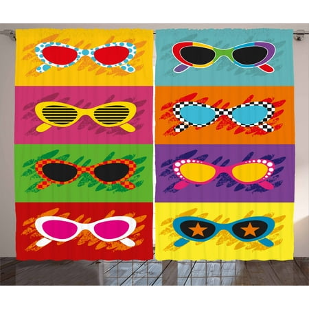 - 70s Party Decorations Curtains 2 Panels Set, Pop Art Style Sunglasses Vibrant Colorful Combination Summer Fun, Window Drapes for Living Room Bedroom, 108W X 90L Inches, Multicolor, by Ambesonne