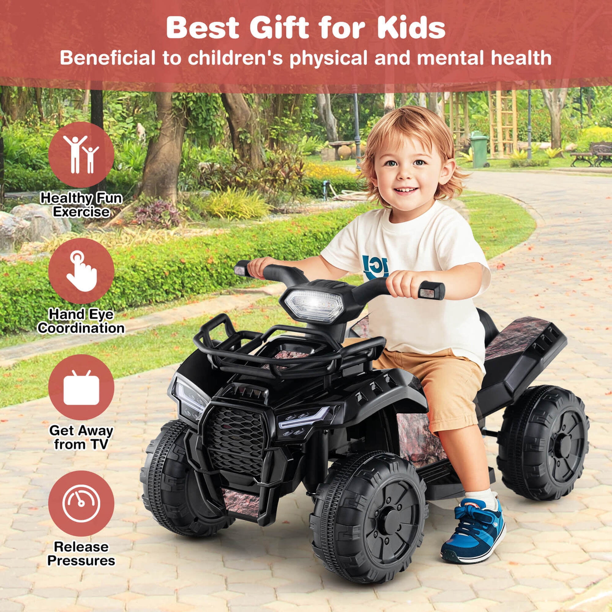 Costway 6V Electric Children Toy Car with Music & Story Function USB Front Storage Basket Black