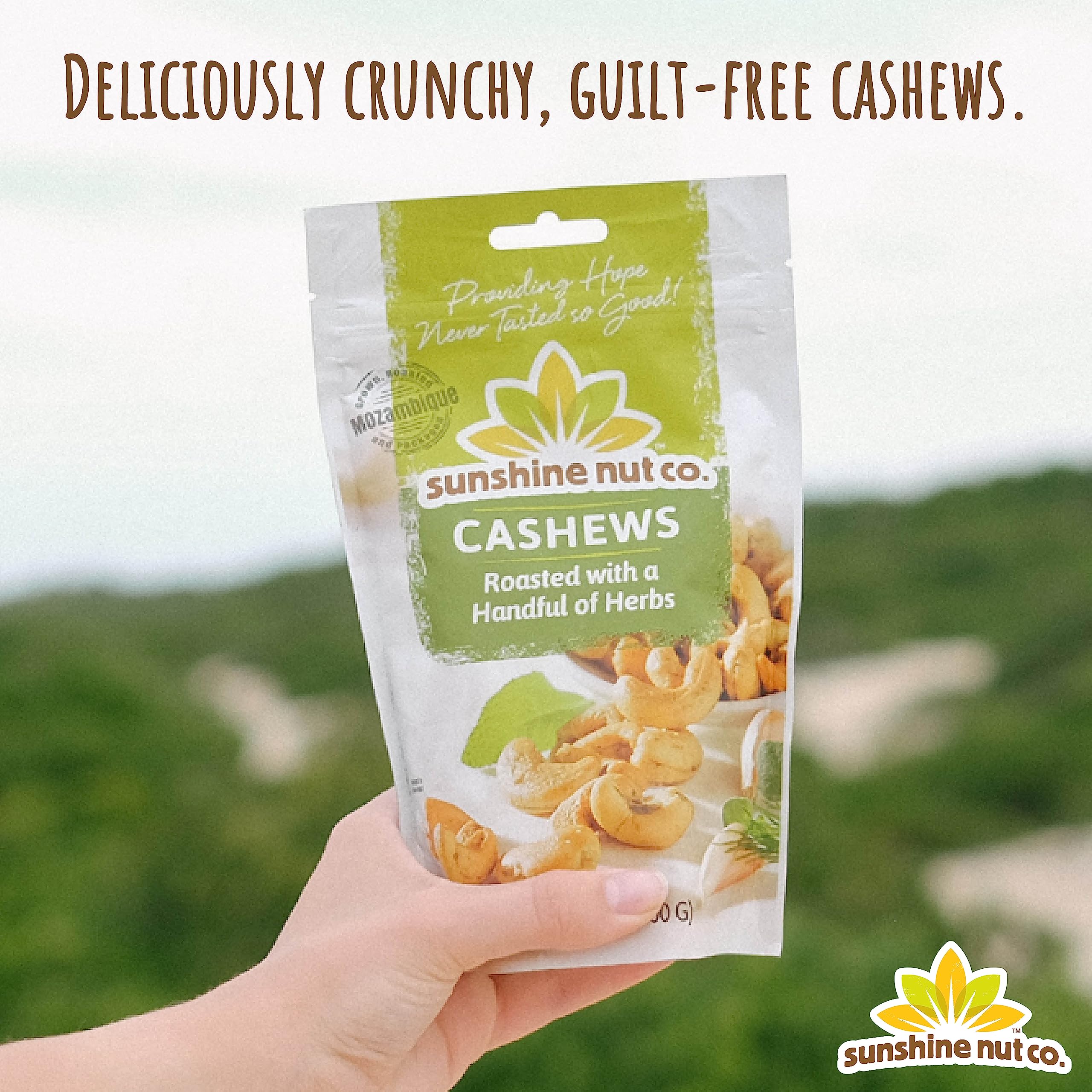 Whole Roasted Lightly Salted Cashews by Sunshine Nuts Co., Gluten Free, Peanut Free and Vegan Individual Snack Packs for Kids and Adults, GMO Free, Handful of Herbs Flavor, 6 Pack, 7 oz. Each