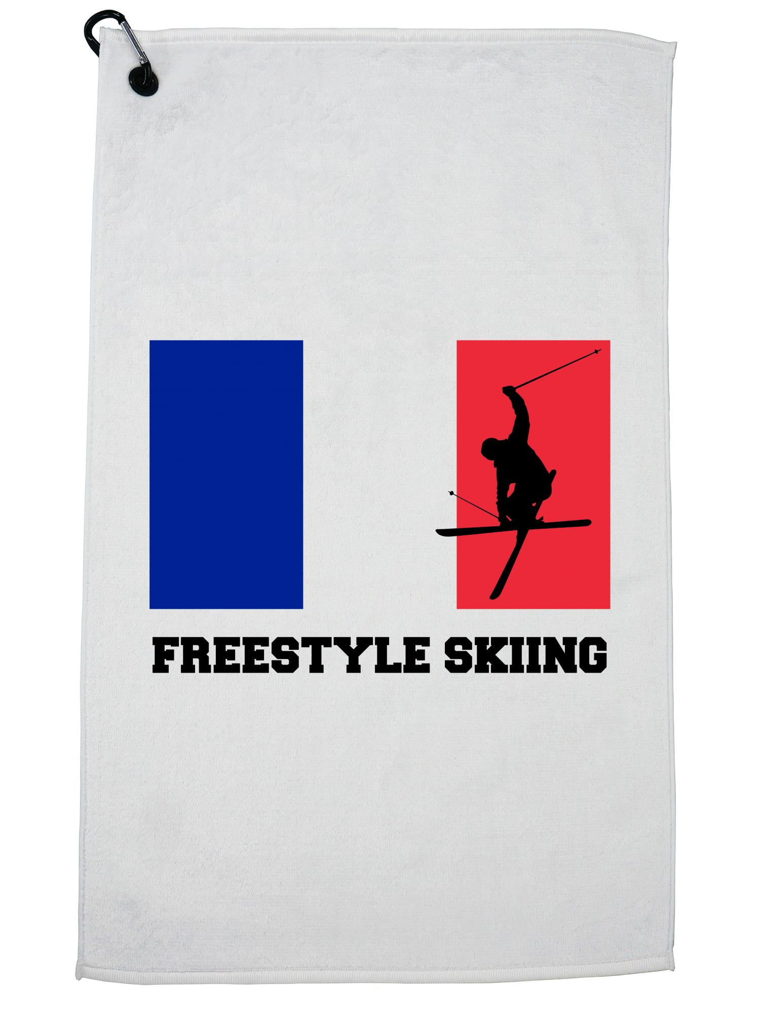France Olympic Freestyle Skiing Flag Silhouette Golf Towel with Carabiner Clip by Hollywood Thread