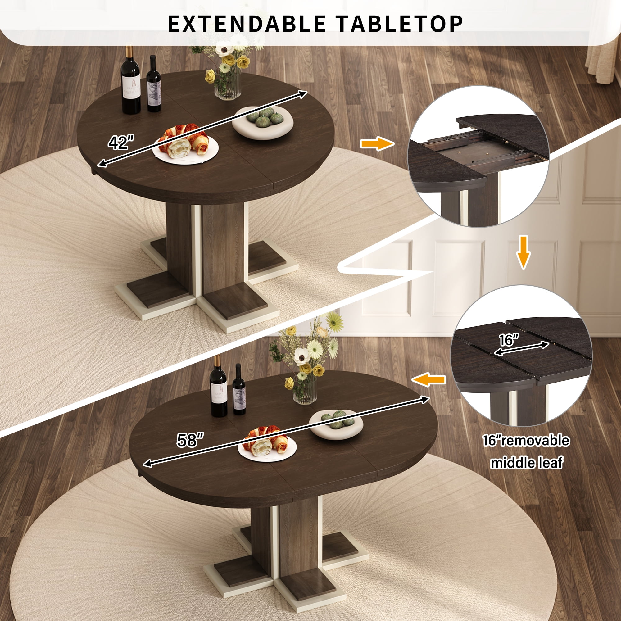 Euroco 5 Piece Round Dining Table Set for 4,Extendable Kitchen Table Set with 4 Upholstered Chairs and Double Layer Design,58" Oval Dining Table Set for Kitchen Room, Espresso