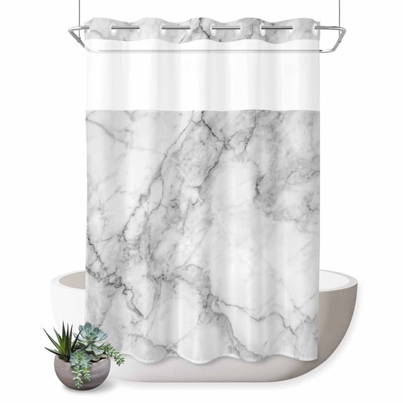 No Hook Shower Curtain with Built-in Rings - Grey White Marble Washable Waterproof Fabric Bathroom Curtains for Hotel,Rentals, 72 X 84 Inch Extra Long , Abstract Modern Textured
